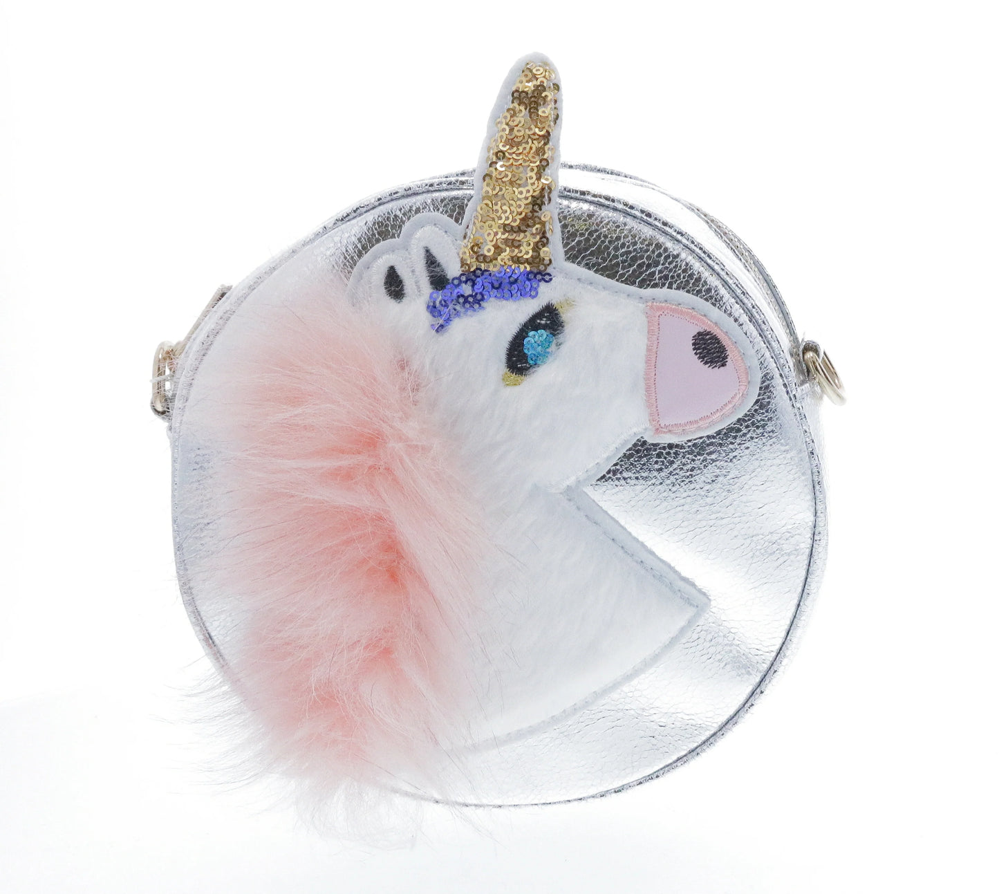 Round Shaped Unicorn Head w/ Fur Cross Body - Silver