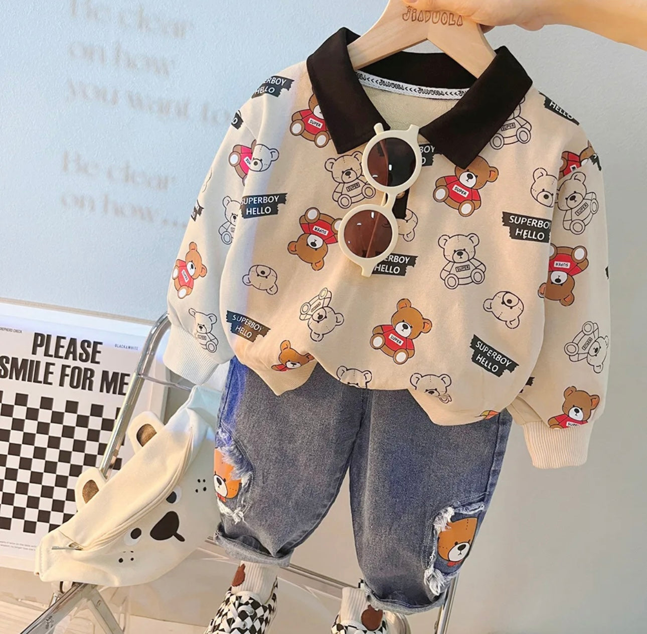 Boys Teddy set with Jeans Beige