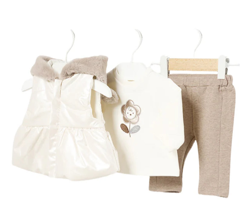 mayoral beige 3 piece set with fur vest