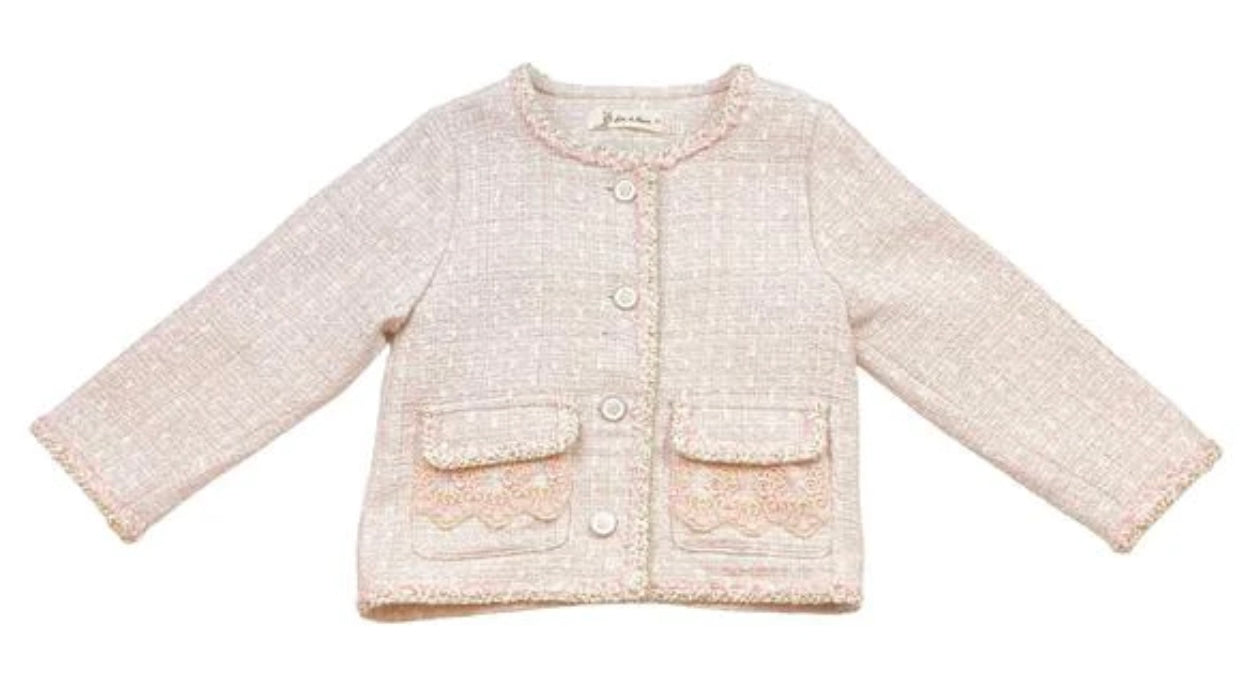 Pink Floral Lace Trim Tweed Jacket