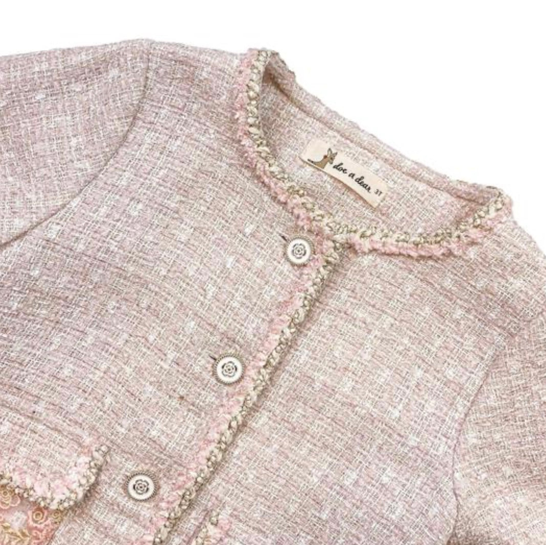 Pink Floral Lace Trim Tweed Jacket