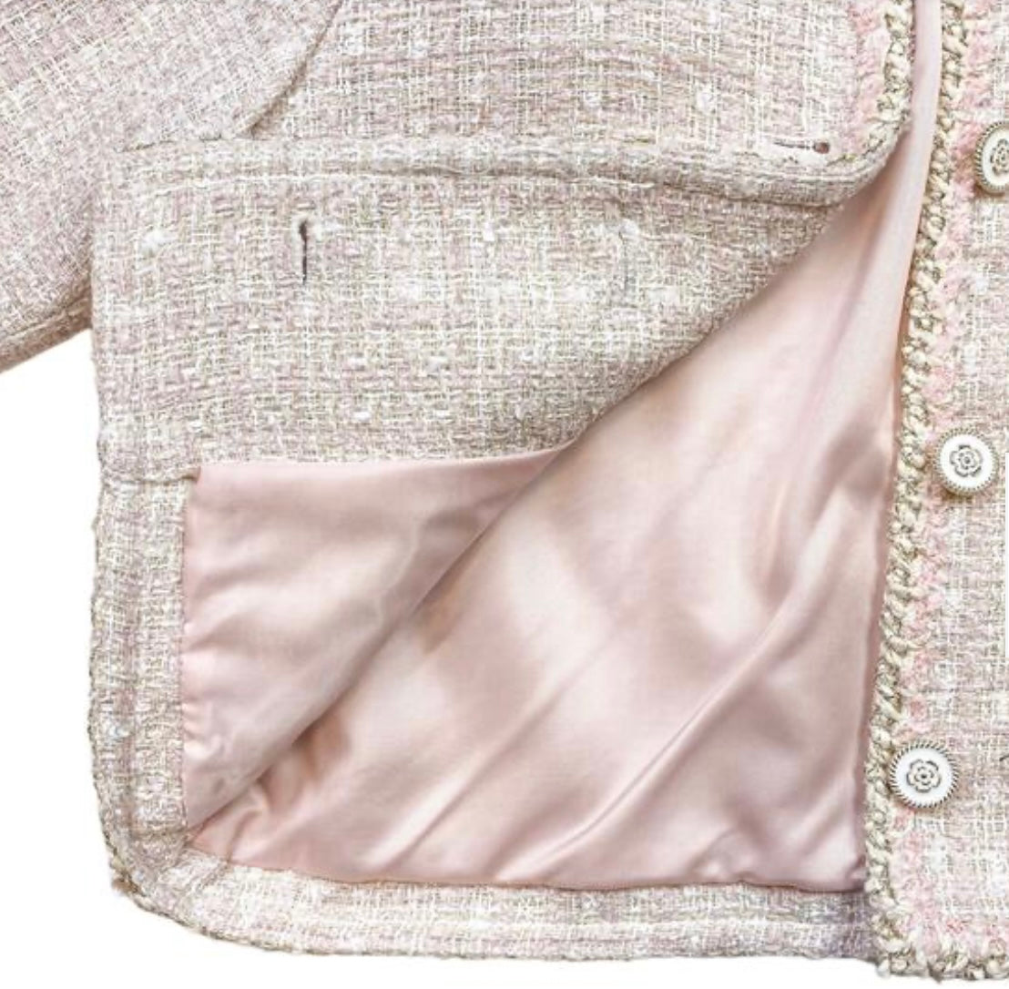 Pink Floral Lace Trim Tweed Jacket