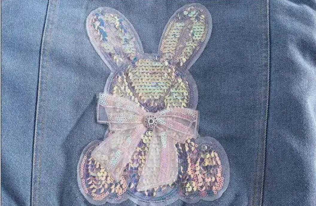 Rabbit Beading Print Denim Jacket