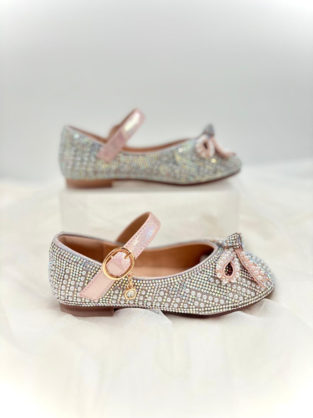 Pearl & Rhinestone Flat Shoes - Pink