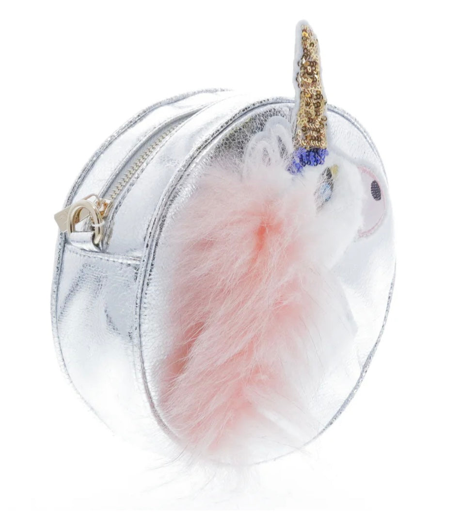 Round Shaped Unicorn Head w/ Fur cross body.  Silver