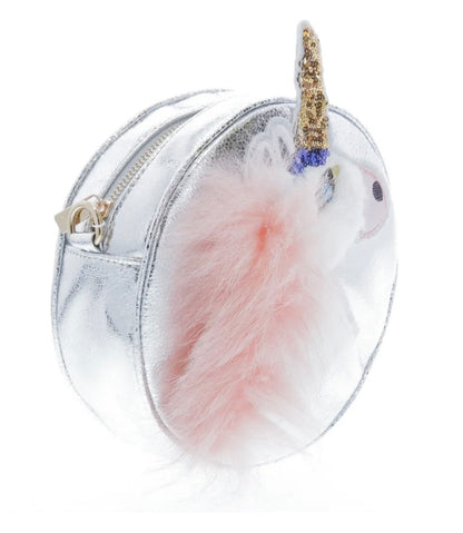 Round Shaped Unicorn Head w/ Fur cross body.  Silver
