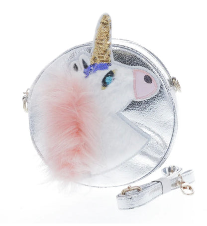 Round Shaped Unicorn Head w/ Fur cross body.  Silver