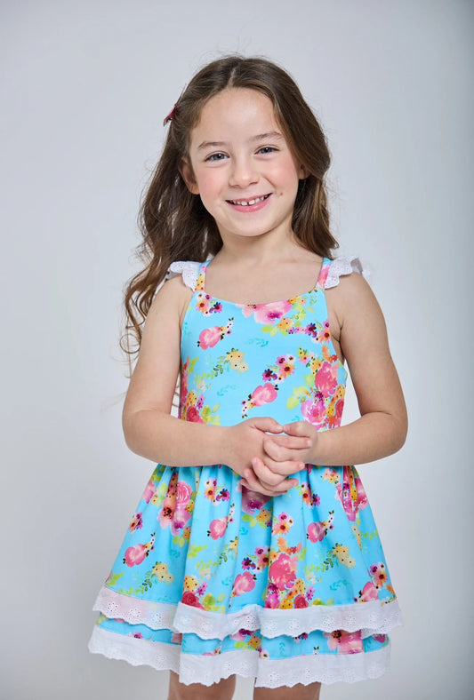 Dainty Floral Teal Tunic Dress & Short Set