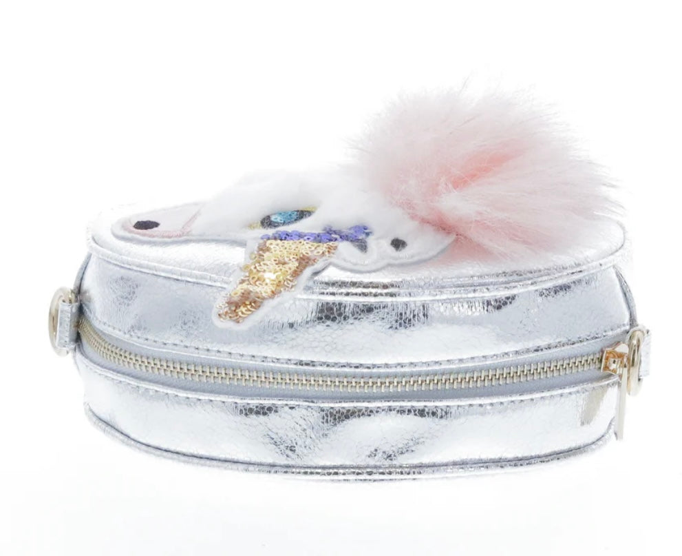 Round Shaped Unicorn Head w/ Fur cross body.  Silver