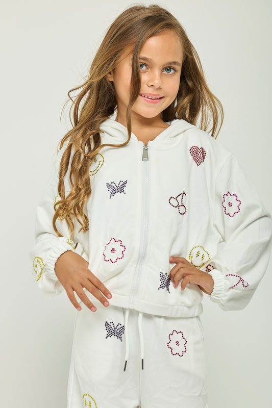 White crystal charm jacket&pant set