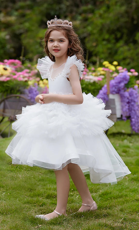 White Wedding Tulle Dress with Pearls
