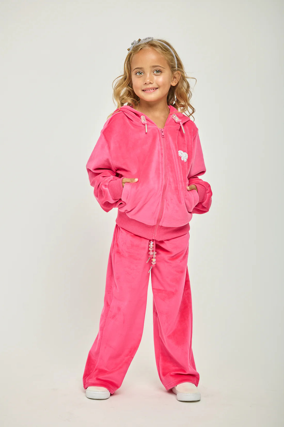 Dark Pink Plush Crystal Bow Jacket & Pant Set