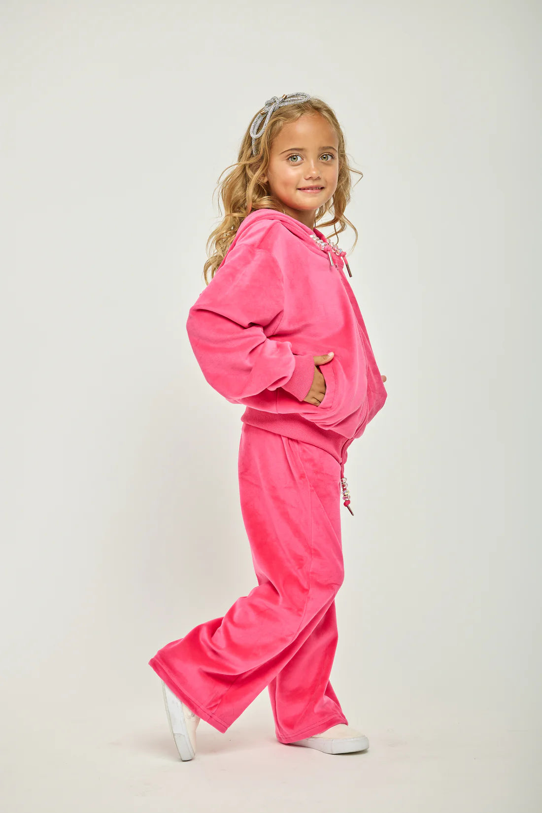Dark Pink Plush Crystal Bow Jacket & Pant Set