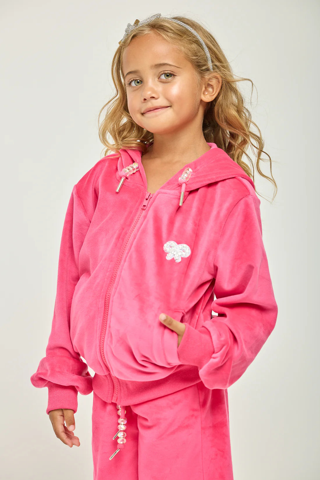 Dark Pink Plush Crystal Bow Jacket & Pant Set