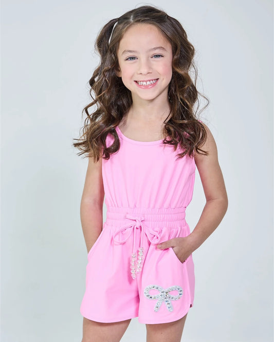 Bright Pink Crystal Bow Short Romper