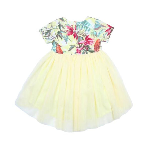 Tropical Print Tulle Dress in Yellow