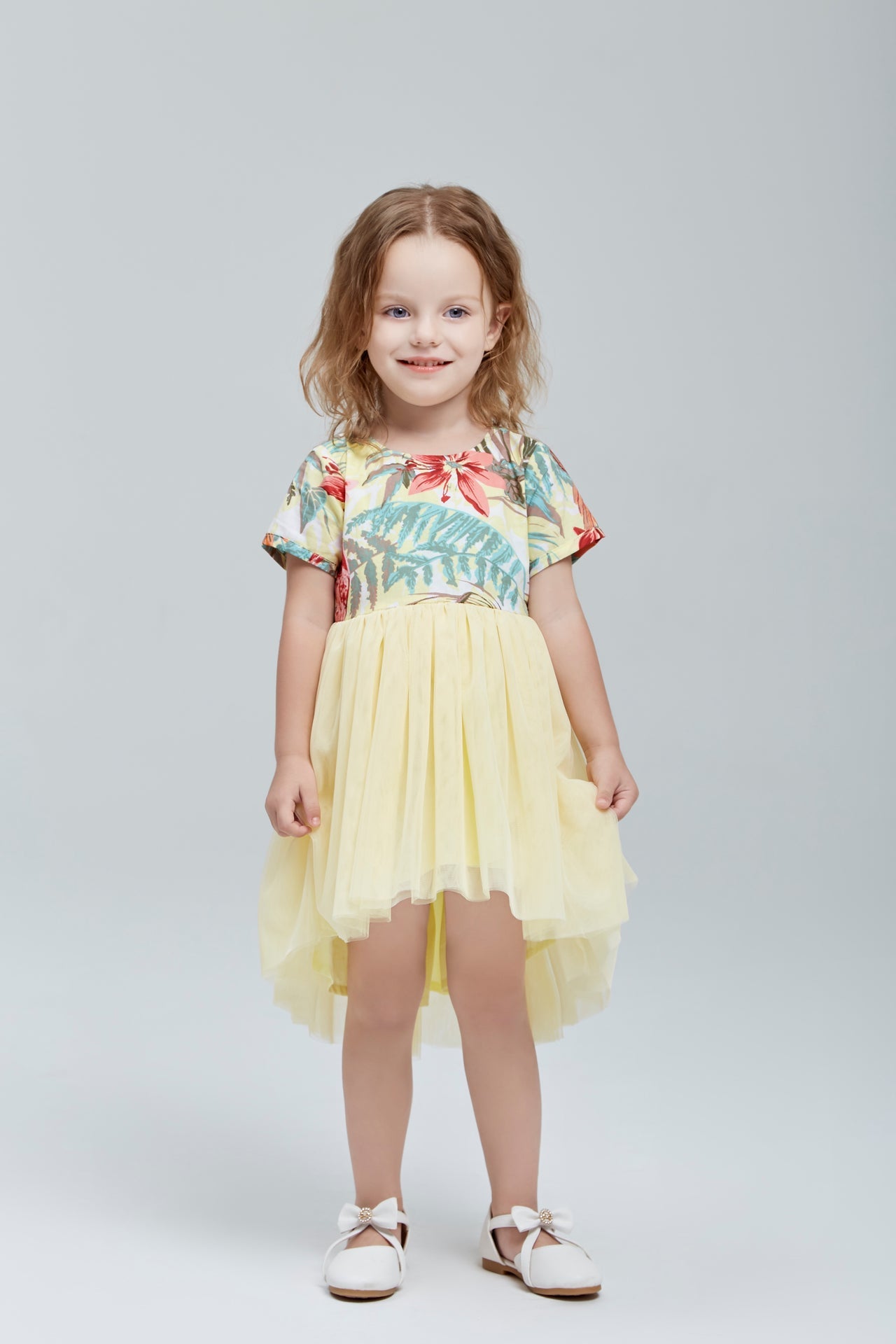Tropical Print Tulle Dress in Yellow