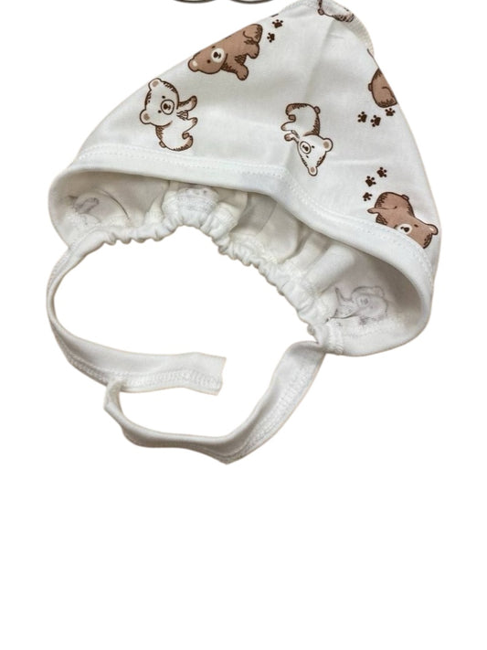 Baby Bear Print Cotton Hat with Strap – 100% Cotton 🐻