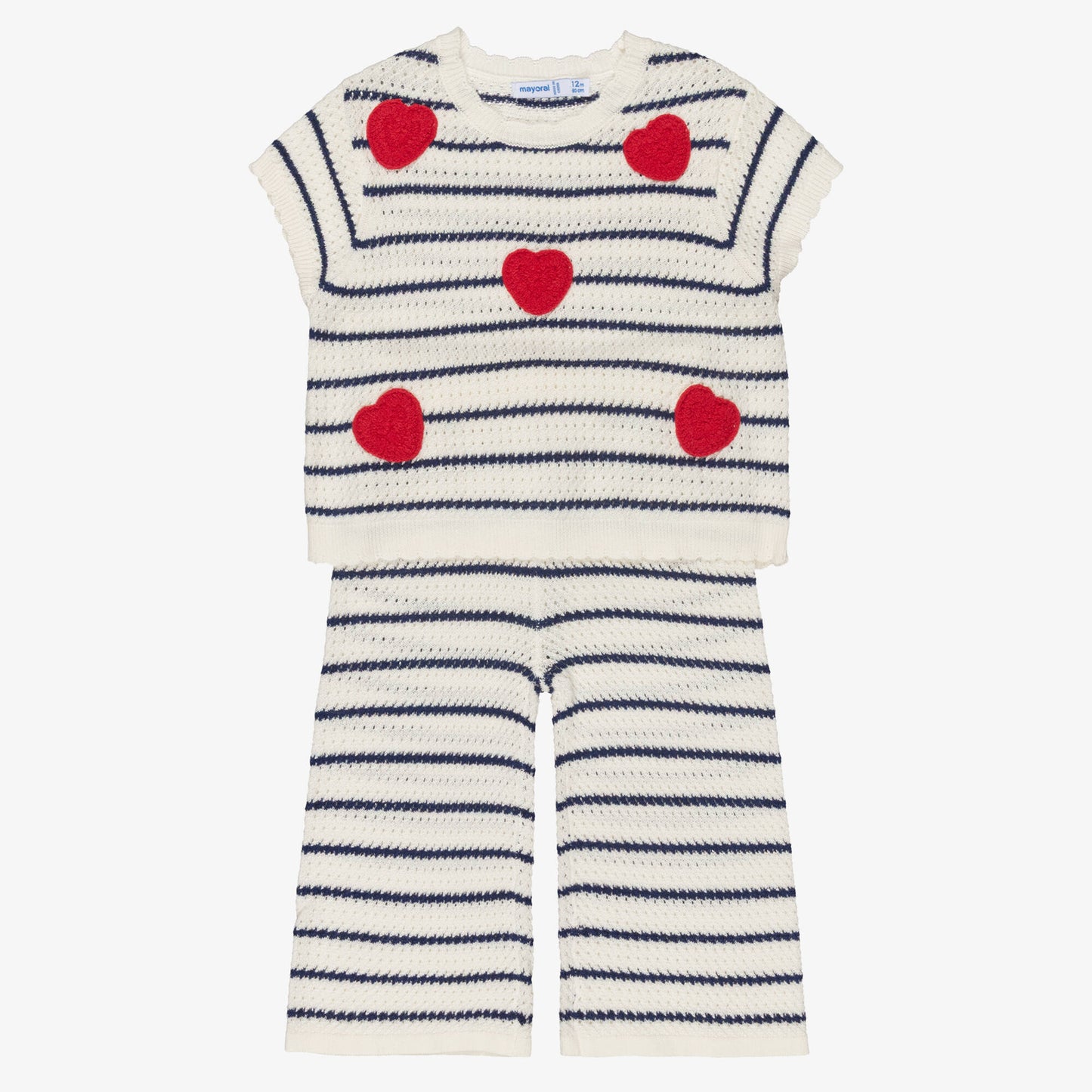 Girls Ivory & Navy Blue Striped Crochet Trouser Set