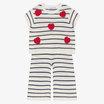 Girls Ivory & Navy Blue Striped Crochet Trouser Set
