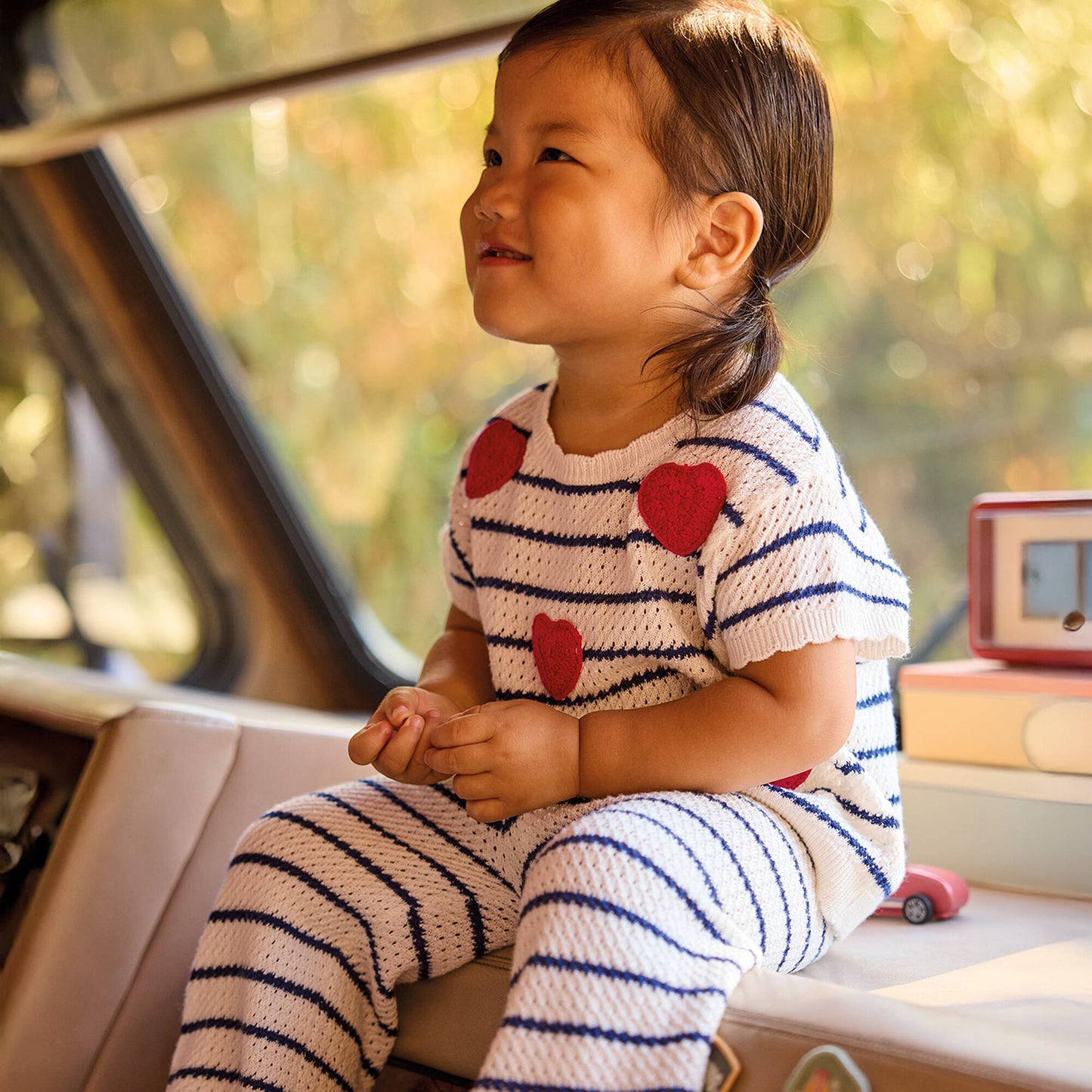 Girls Ivory & Navy Blue Striped Crochet Trouser Set