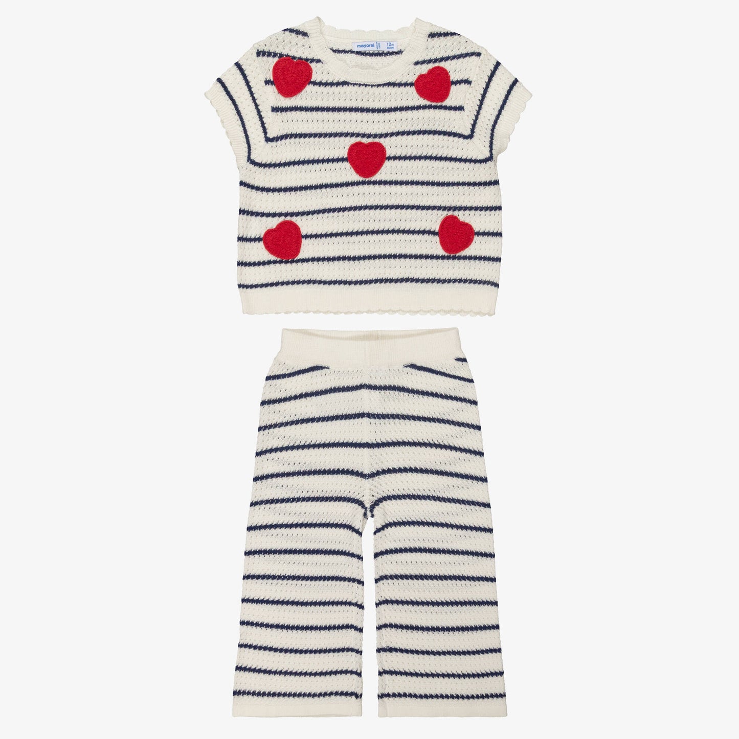 Girls Ivory & Navy Blue Striped Crochet Trouser Set