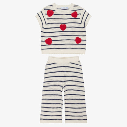 Girls Ivory & Navy Blue Striped Crochet Trouser Set