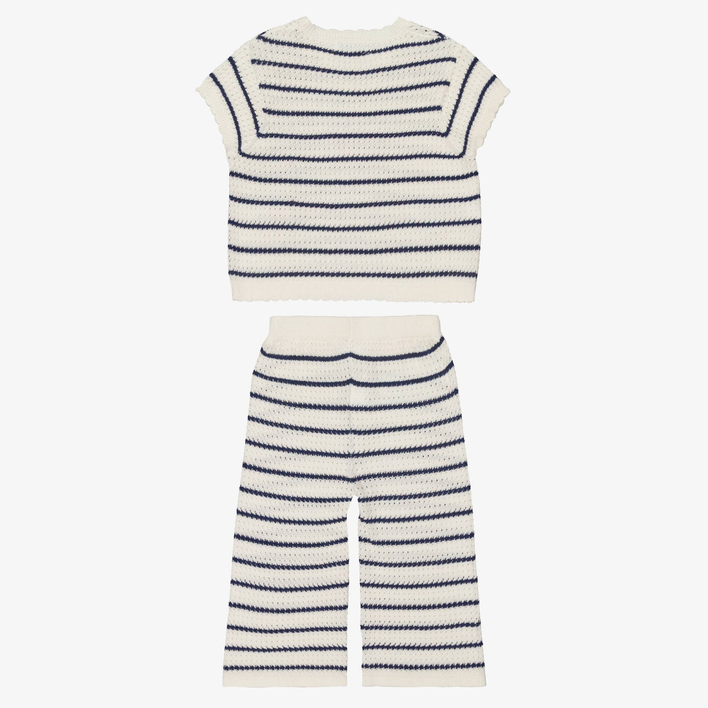 Girls Ivory & Navy Blue Striped Crochet Trouser Set