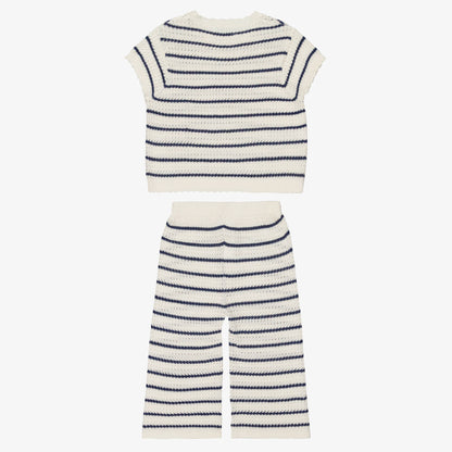 Girls Ivory & Navy Blue Striped Crochet Trouser Set