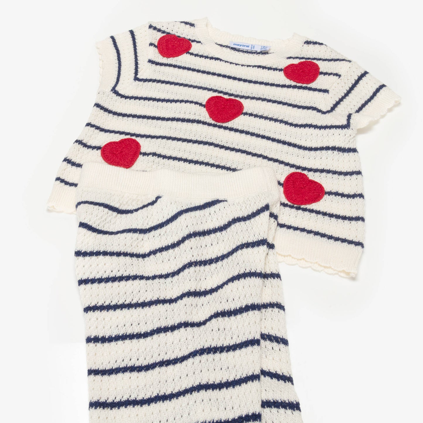 Girls Ivory & Navy Blue Striped Crochet Trouser Set