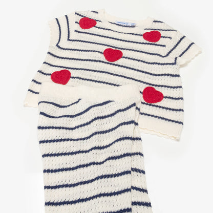 Girls Ivory & Navy Blue Striped Crochet Trouser Set