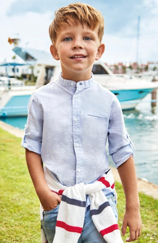 Long Sleeve Striped Mao Collar Shirt