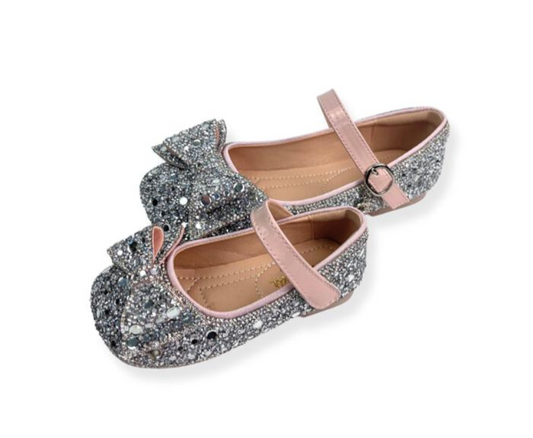 Silver Embellished Bowtie Flat Shoes
