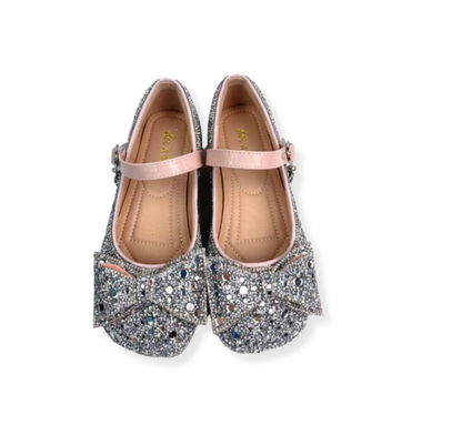 Silver Embellished Bowtie Flat Shoes